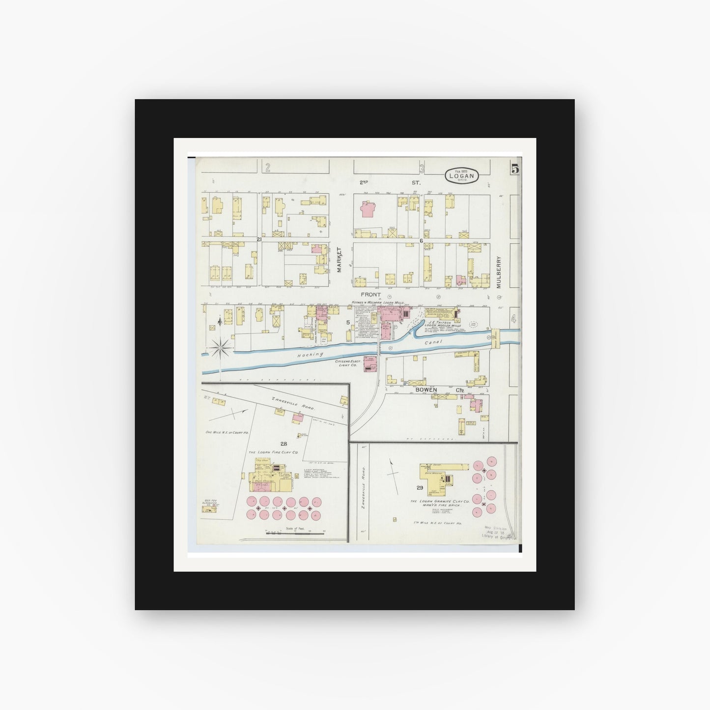 Old map wall art mockup — black gallery frame with white mat — Sanborn Fire Insurance Map from Logan, Hocking County, Ohio (1893), Sheet #0005