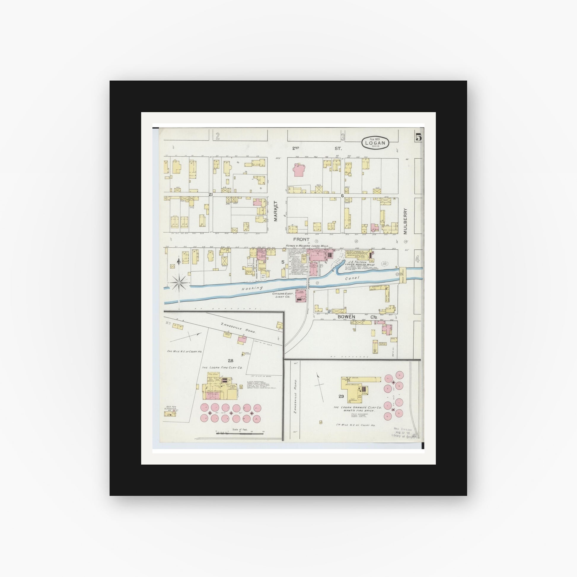 Old map wall art mockup — black gallery frame with white mat — Sanborn Fire Insurance Map from Logan, Hocking County, Ohio (1893), Sheet #0005