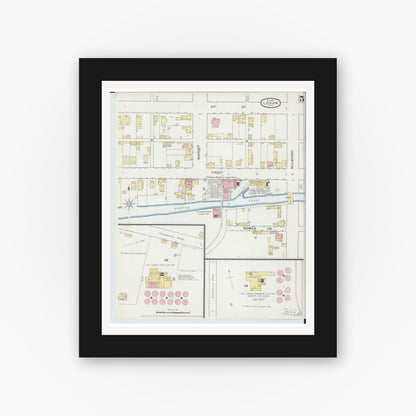 Old map wall art mockup — black gallery frame with white mat — Sanborn Fire Insurance Map from Logan, Hocking County, Ohio (1893), Sheet #0005