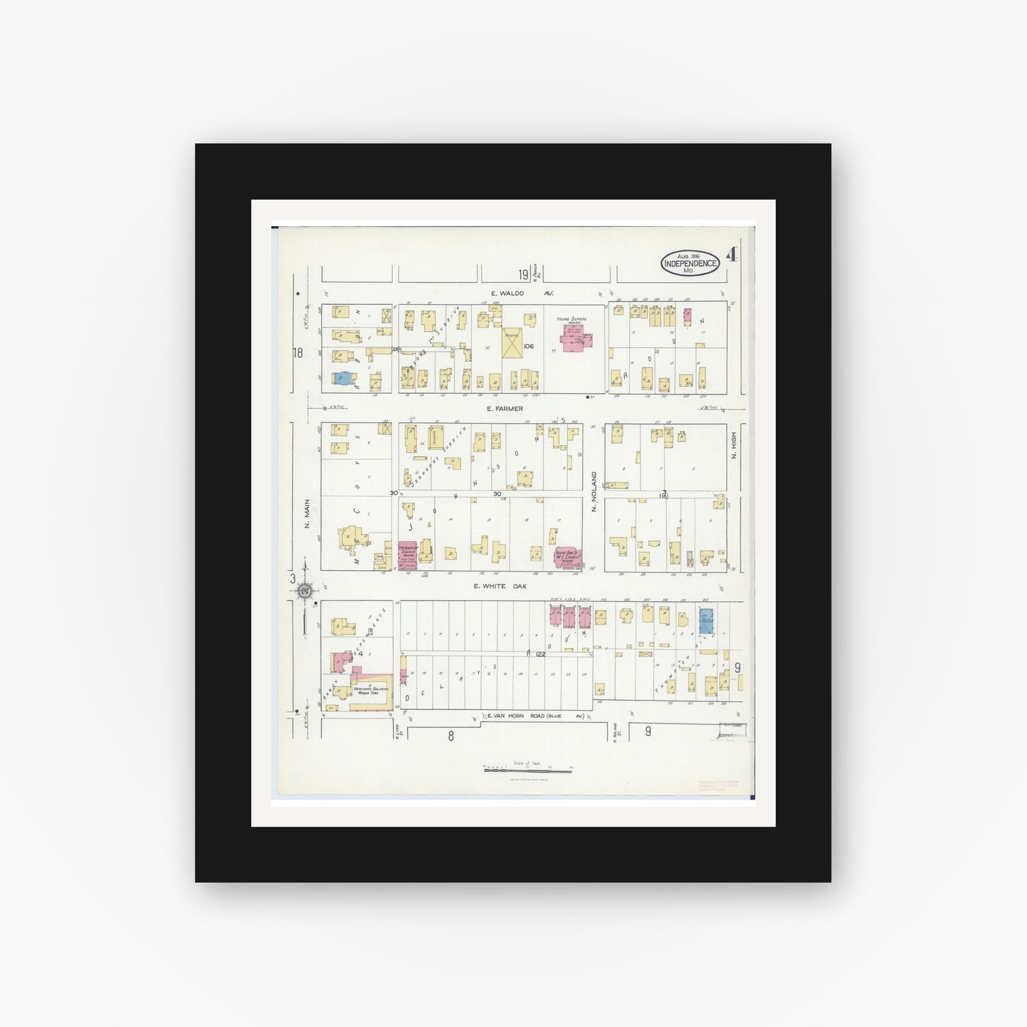Old map wall art mockup — black gallery frame with white mat — Sanborn Fire Insurance Map from Independence, Jackson County, Missouri (1916), Sheet #0004