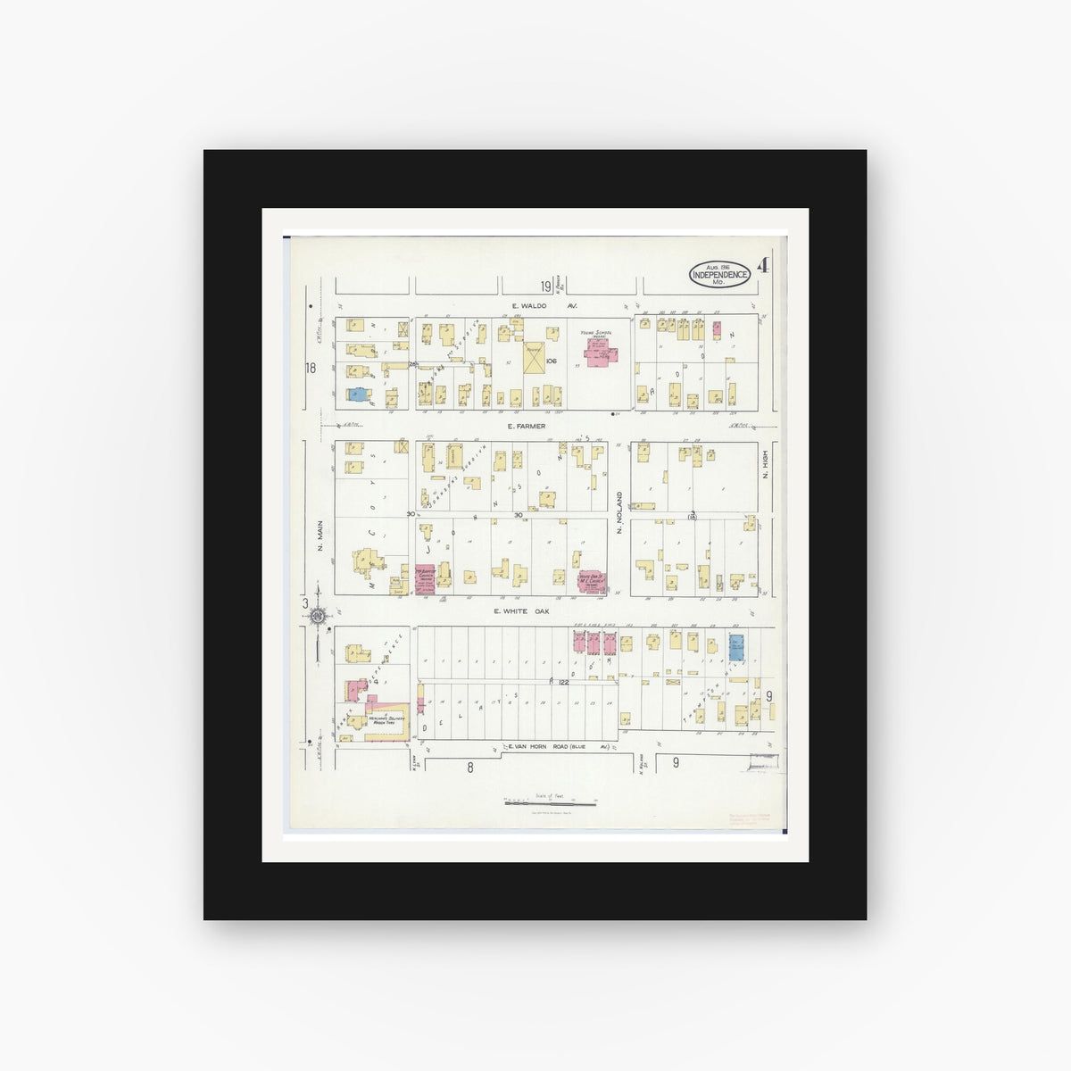 Old map wall art mockup — black gallery frame with white mat — Sanborn Fire Insurance Map from Independence, Jackson County, Missouri (1916), Sheet #0004