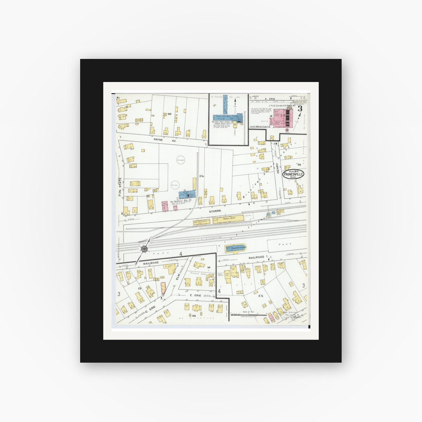 Old map wall art mockup — black gallery frame with white mat — Sanborn Fire Insurance Map from Painesville, Lake County, Ohio (1919), Sheet #0003