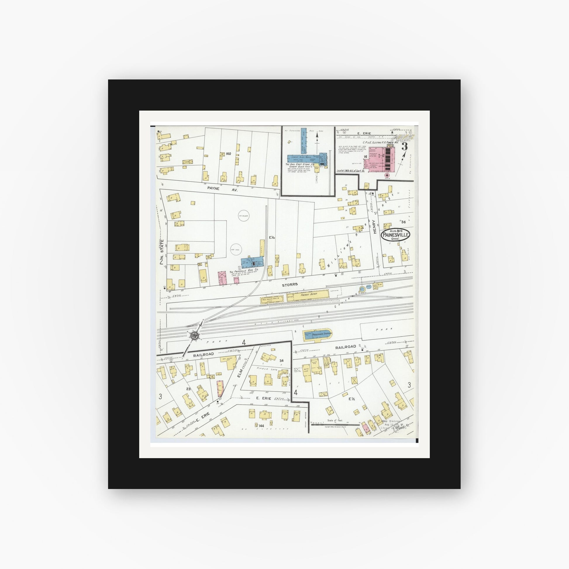 Old map wall art mockup — black gallery frame with white mat — Sanborn Fire Insurance Map from Painesville, Lake County, Ohio (1919), Sheet #0003