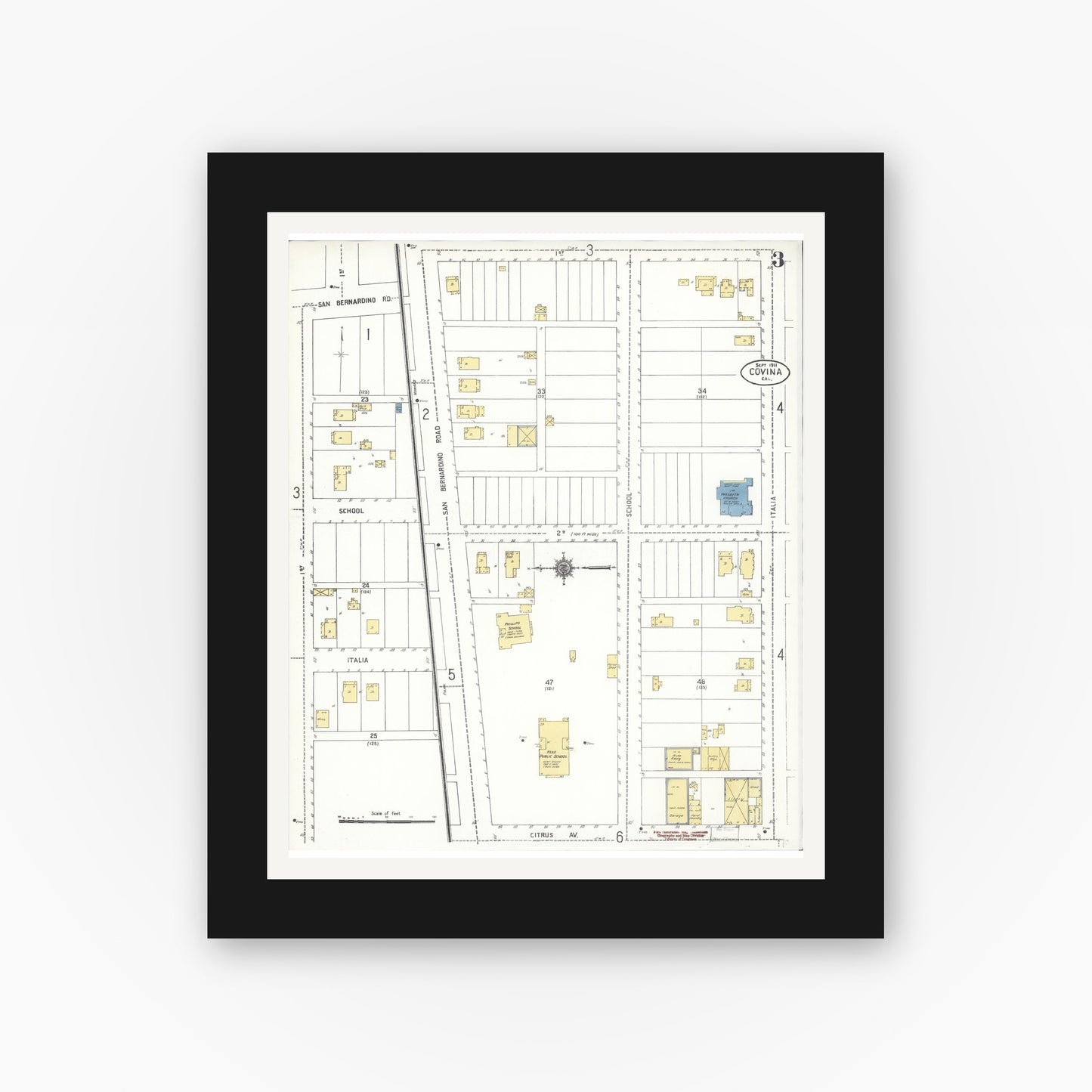 Old map wall art mockup — black gallery frame with white mat — Sanborn Fire Insurance Map from Covina, Los Angeles County, California (1911), Sheet #0003