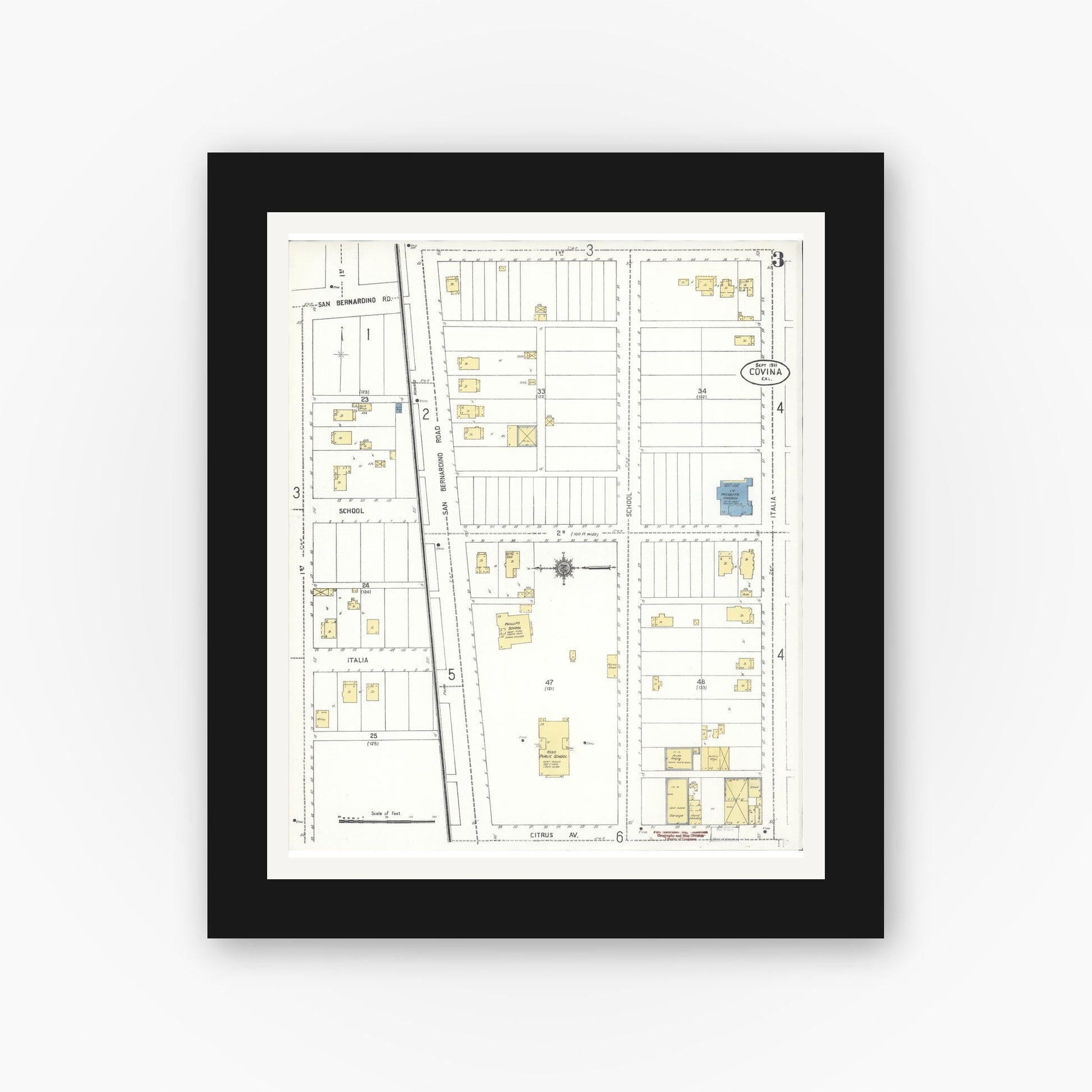 Old map wall art mockup — black gallery frame with white mat — Sanborn Fire Insurance Map from Covina, Los Angeles County, California (1911), Sheet #0003