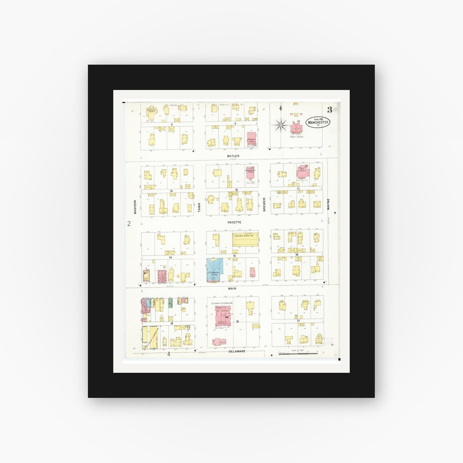 Old map wall art mockup — black gallery frame with white mat — Sanborn Fire Insurance Map from Manchester, Delaware County, Iowa (1899), Sheet #0003