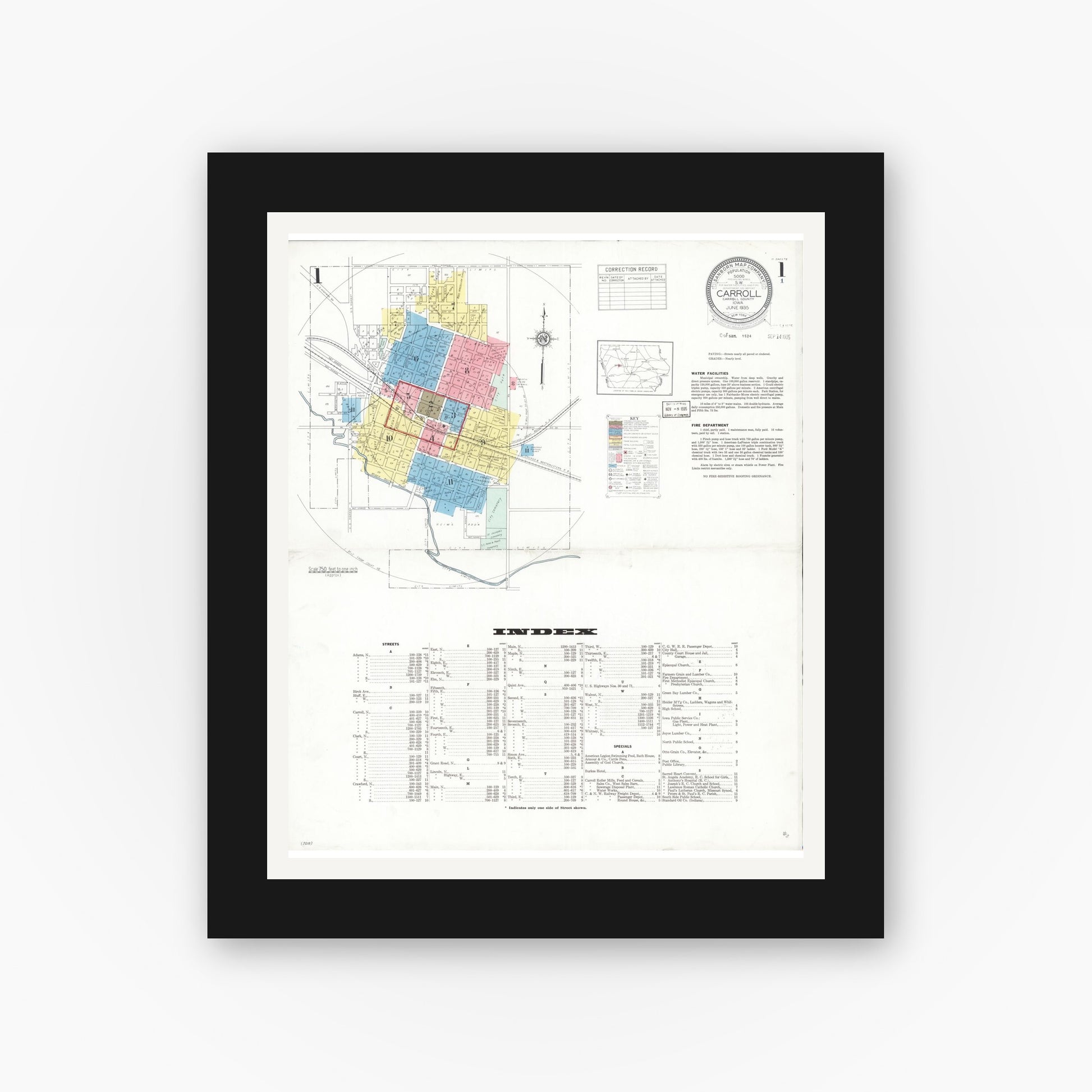 Old map wall art mockup — black gallery frame with white mat — Sanborn Fire Insurance Map from Carroll, Carroll County, Iowa (1935) â€” Complete Set