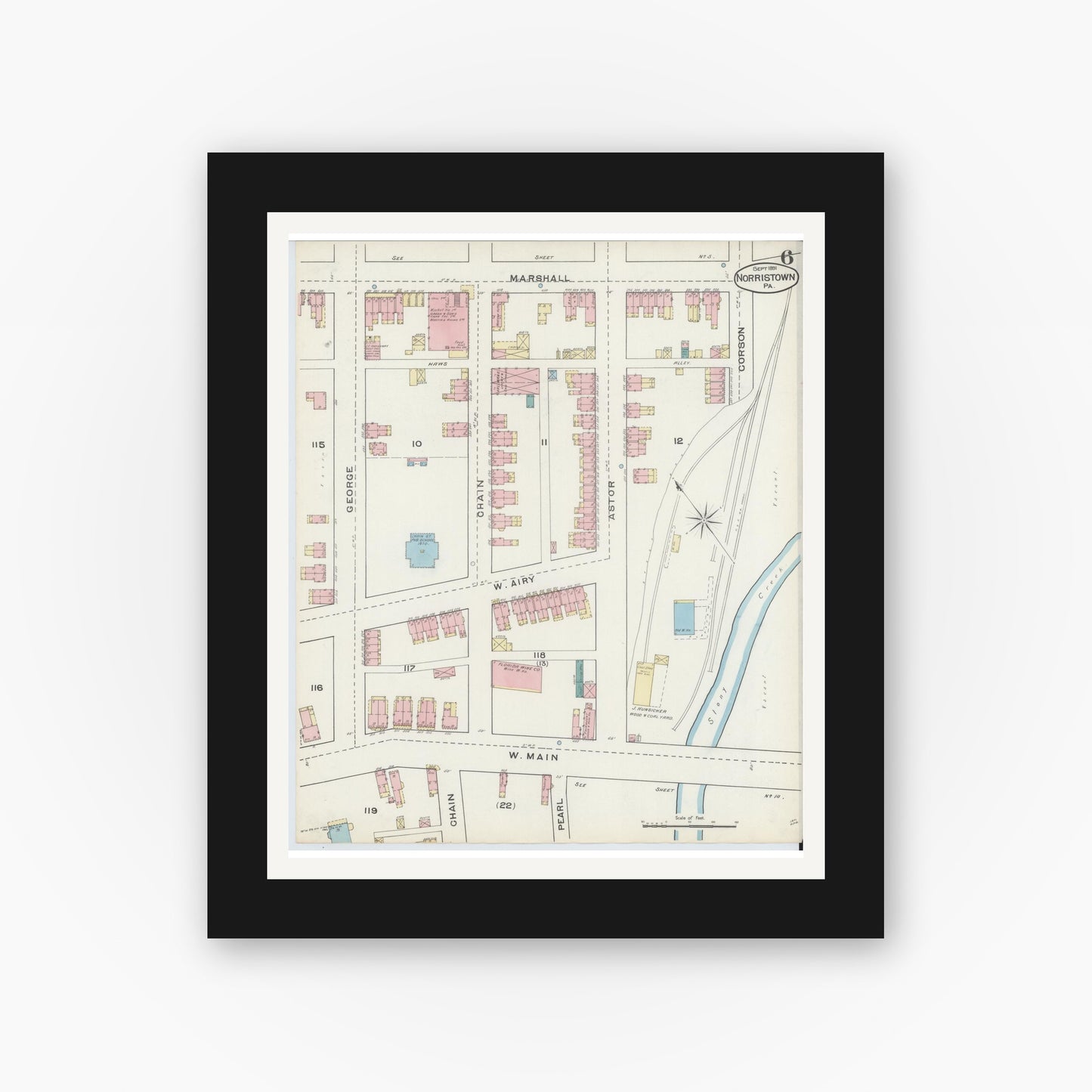 Old map wall art mockup — black gallery frame with white mat — Sanborn Fire Insurance Map from Norristown, Montgomery County, Pennsylvania (1891), Sheet #0006