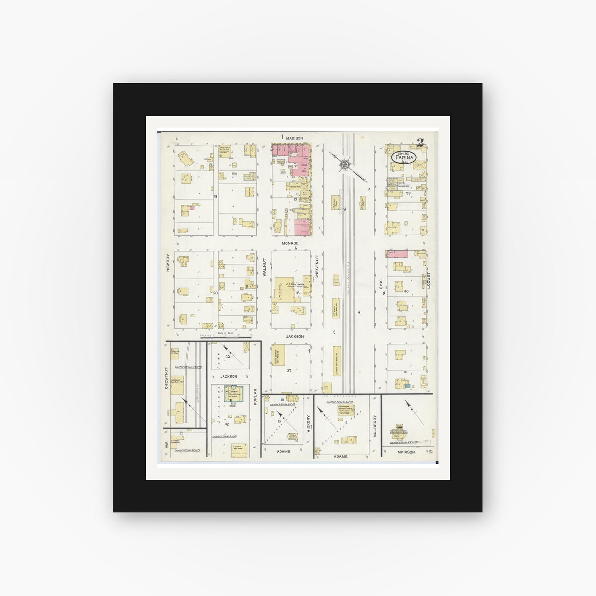 Old map wall art mockup — black gallery frame with white mat — Sanborn Fire Insurance Map from Farina, Fayette County, Illinois (1912), Sheet #0002