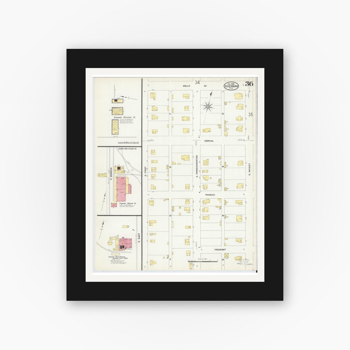 Old map wall art mockup — black gallery frame with white mat — Sanborn Fire Insurance Map from Sherman, Grayson County, Texas (1908), Sheet #0036