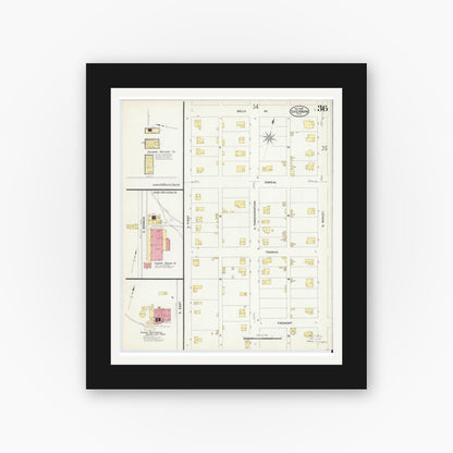Old map wall art mockup — black gallery frame with white mat — Sanborn Fire Insurance Map from Sherman, Grayson County, Texas (1908), Sheet #0036