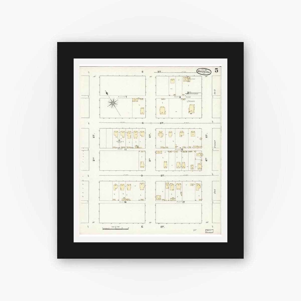 Old map wall art mockup — black gallery frame with white mat — Sanborn Fire Insurance Map from Madera, Madera County, California (1891), Sheet #0005