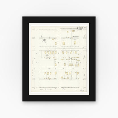 Old map wall art mockup — black gallery frame with white mat — Sanborn Fire Insurance Map from Madera, Madera County, California (1891), Sheet #0005