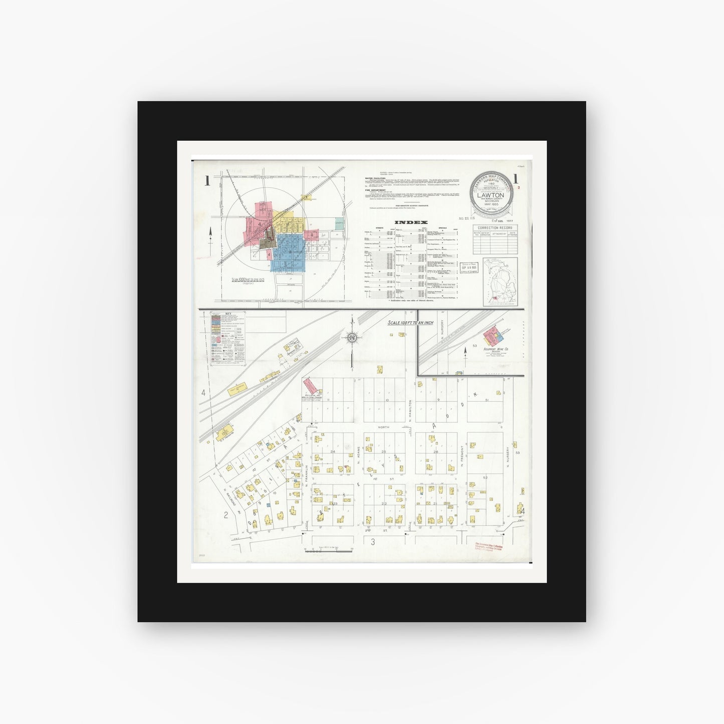 Old map wall art mockup — black gallery frame with white mat — Sanborn Fire Insurance Map from Lawton, Van Buren County, Michigan (1935), Sheet #0001