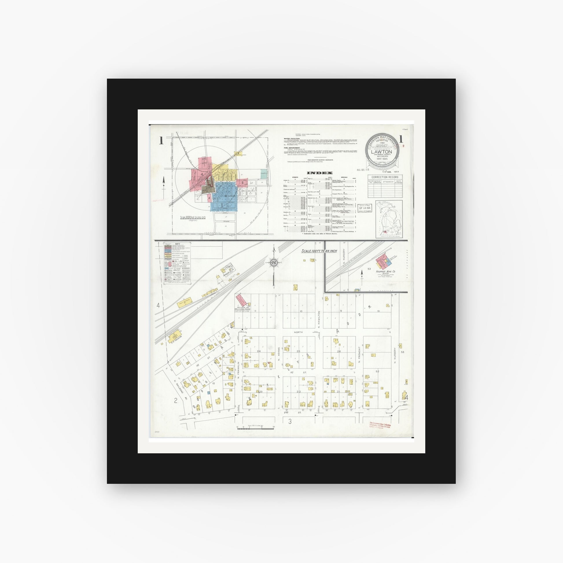 Old map wall art mockup — black gallery frame with white mat — Sanborn Fire Insurance Map from Lawton, Van Buren County, Michigan (1935), Sheet #0001