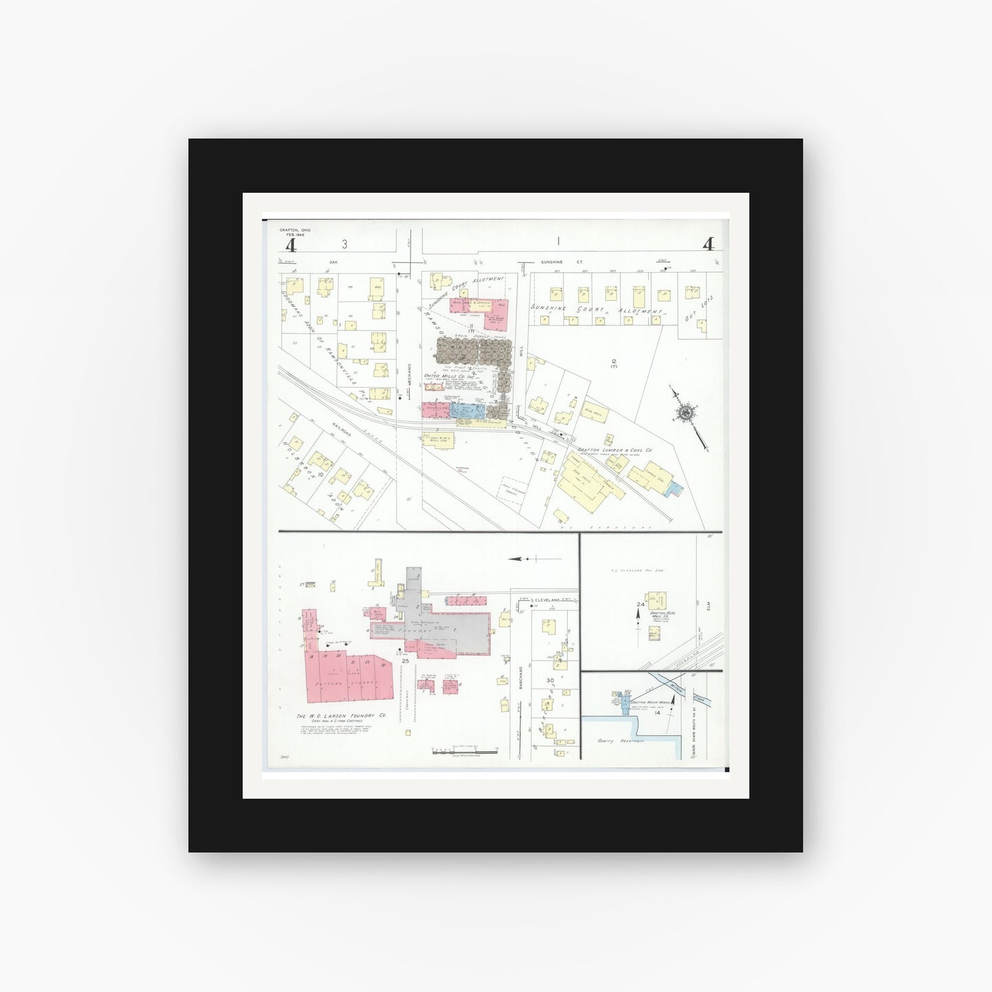 Old map wall art mockup — black gallery frame with white mat — Sanborn Fire Insurance Map from Grafton, Lorain County, Ohio (1946), Sheet #0004