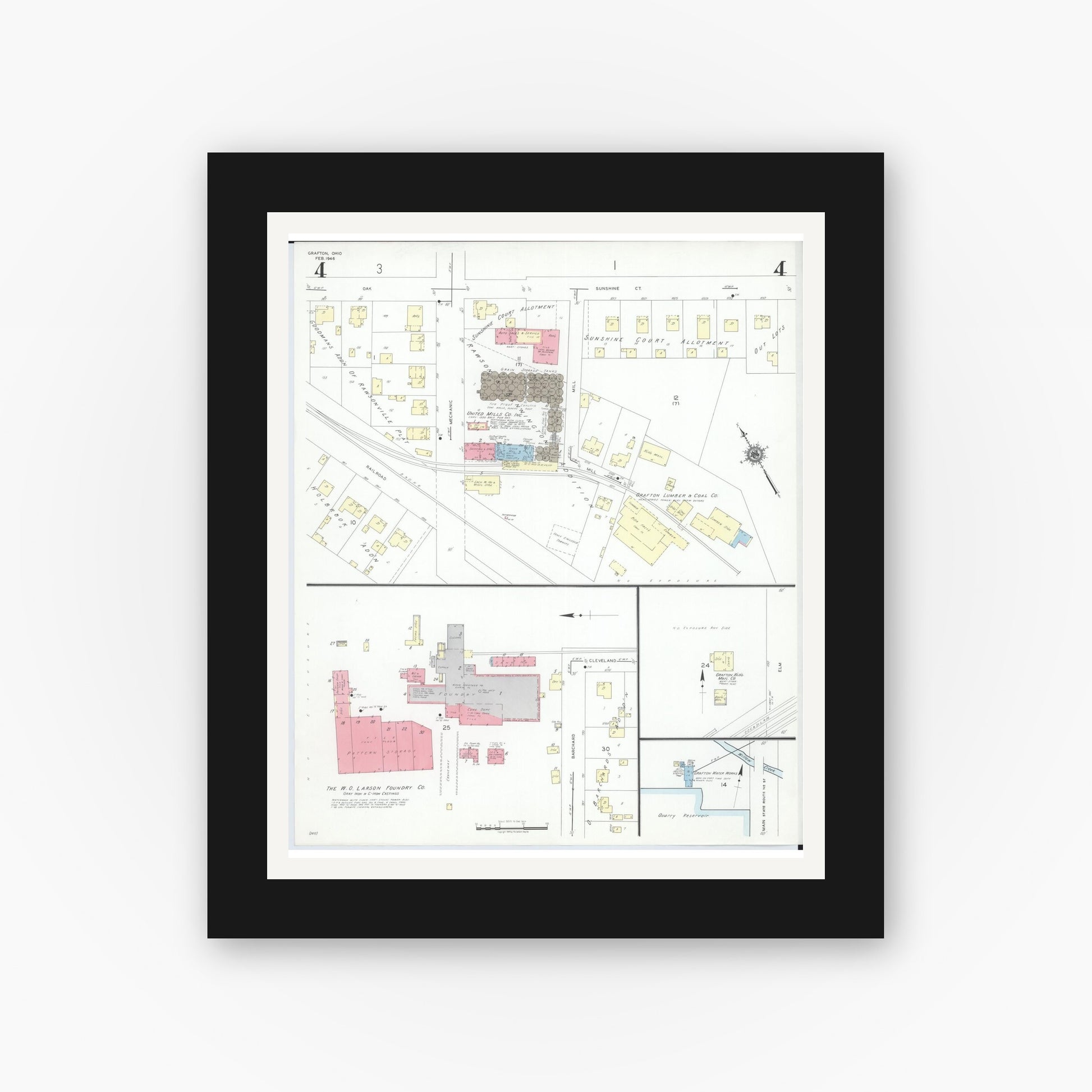 Old map wall art mockup — black gallery frame with white mat — Sanborn Fire Insurance Map from Grafton, Lorain County, Ohio (1946), Sheet #0004