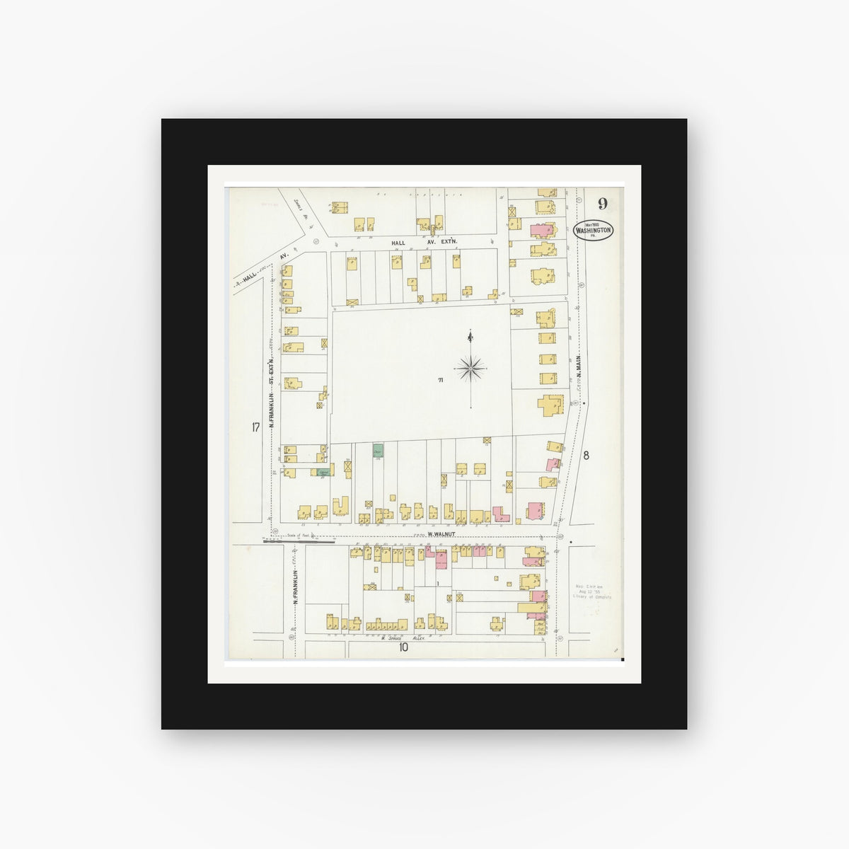 Old map wall art mockup — black gallery frame with white mat — Sanborn Fire Insurance Map from Washington, Washington County, Pennsylvania (1900), Sheet #0009