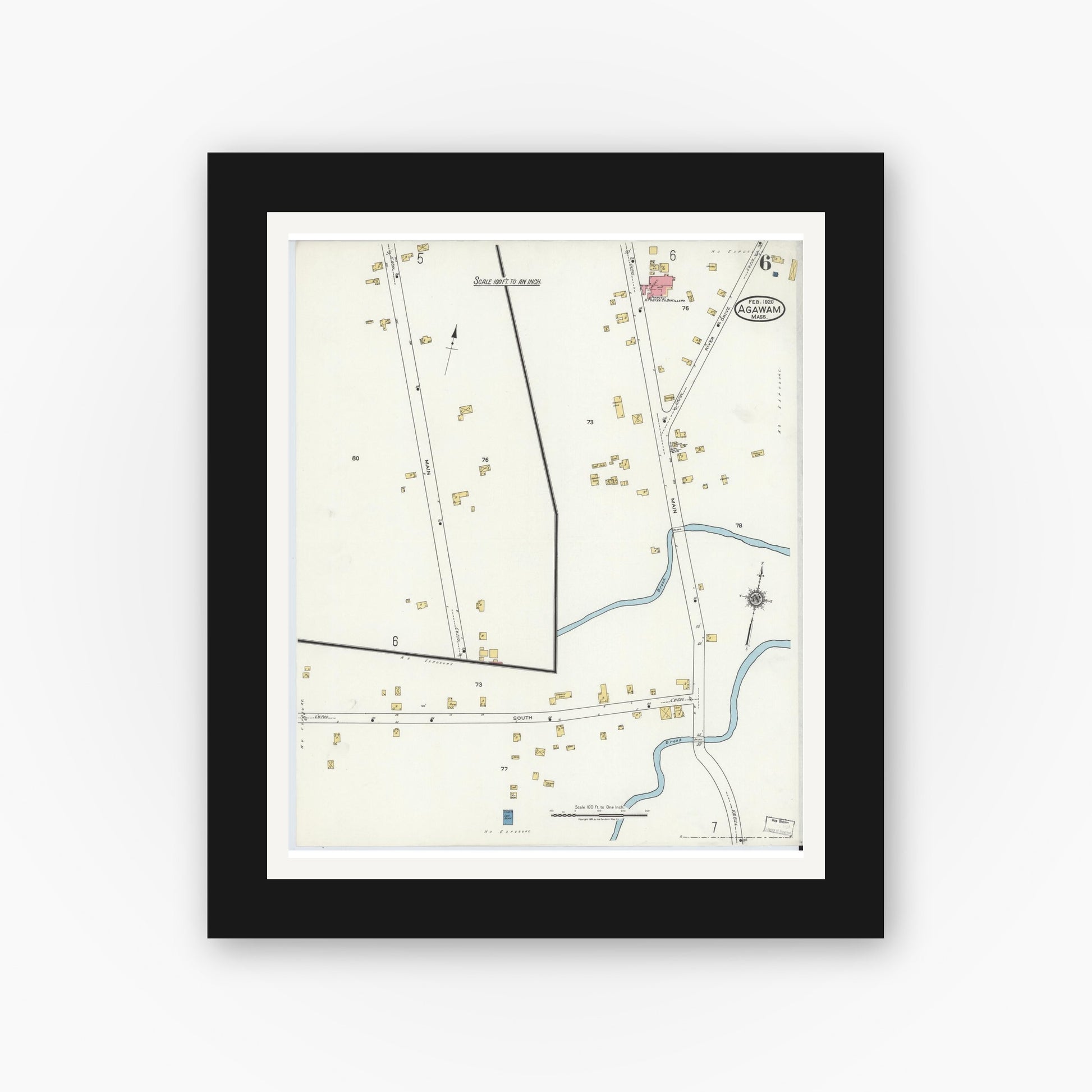 Old map wall art mockup — black gallery frame with white mat — Sanborn Fire Insurance Map from Agawam, Hampden County, Massachusetts (1920), Sheet #0006