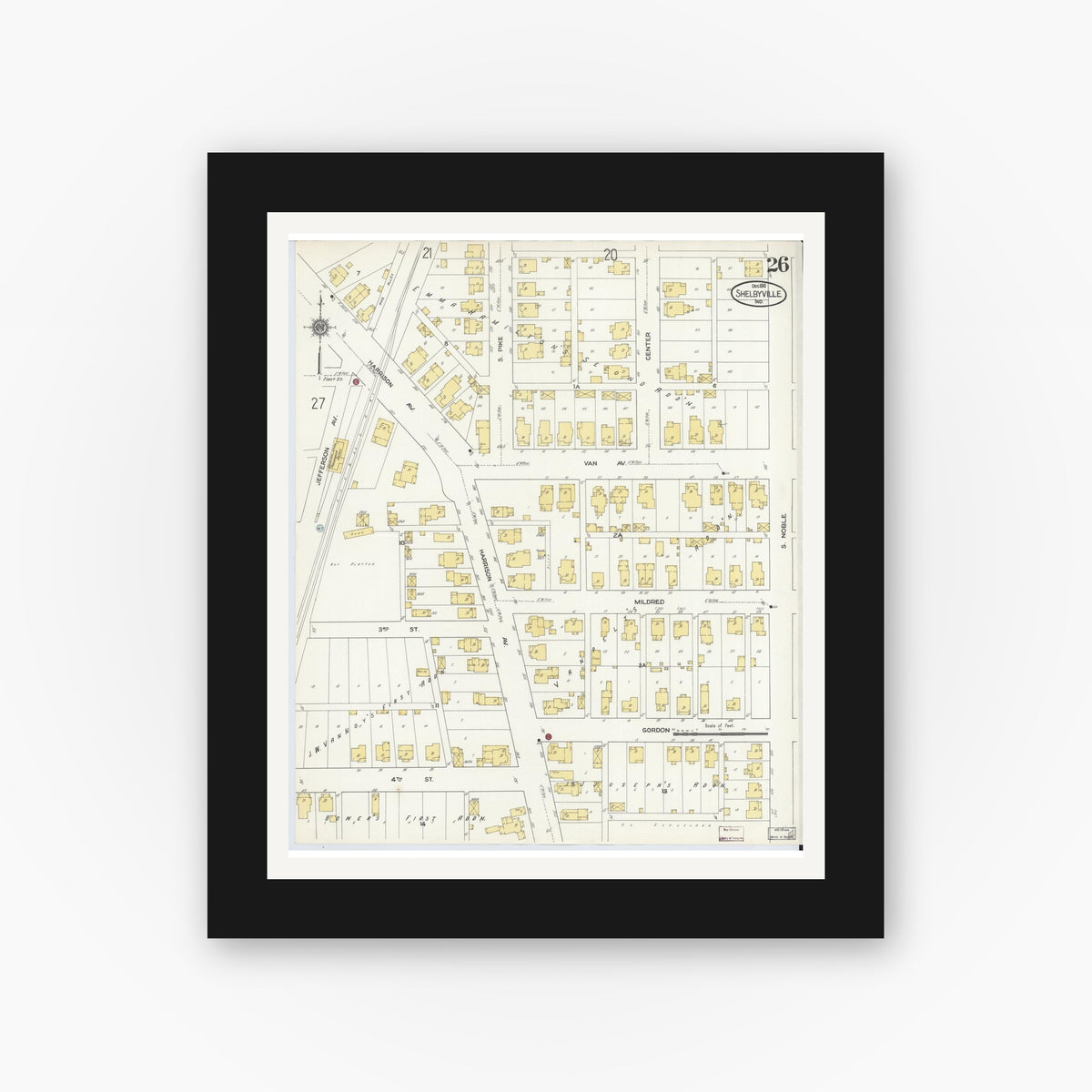 Old map wall art mockup — black gallery frame with white mat — Sanborn Fire Insurance Map from Shelbyville, Shelby County, Indiana (1910), Sheet #0026