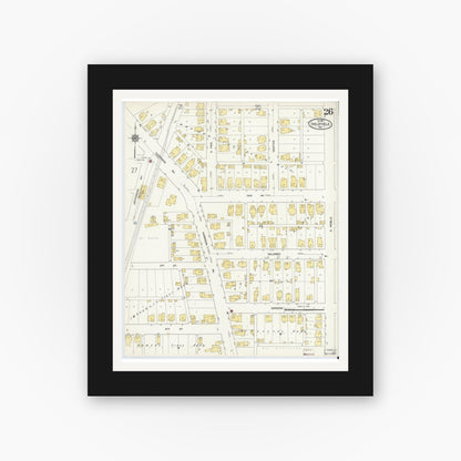 Old map wall art mockup — black gallery frame with white mat — Sanborn Fire Insurance Map from Shelbyville, Shelby County, Indiana (1910), Sheet #0026