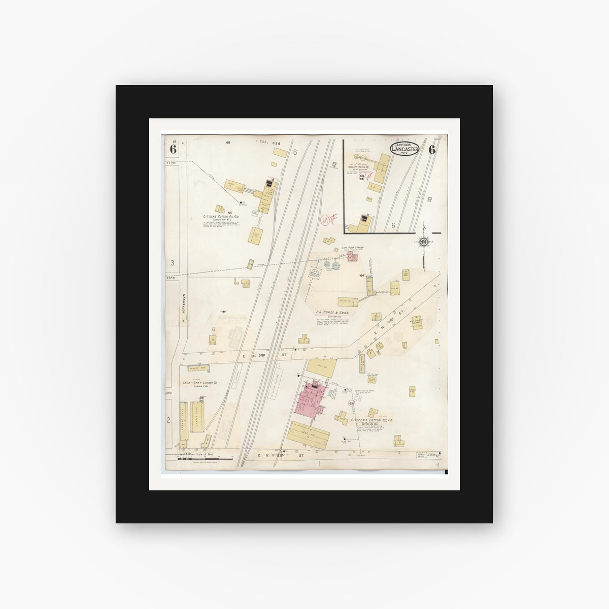 Old map wall art mockup — black gallery frame with white mat — Sanborn Fire Insurance Map from Lancaster, Dallas County, Texas (1939), Sheet #0006