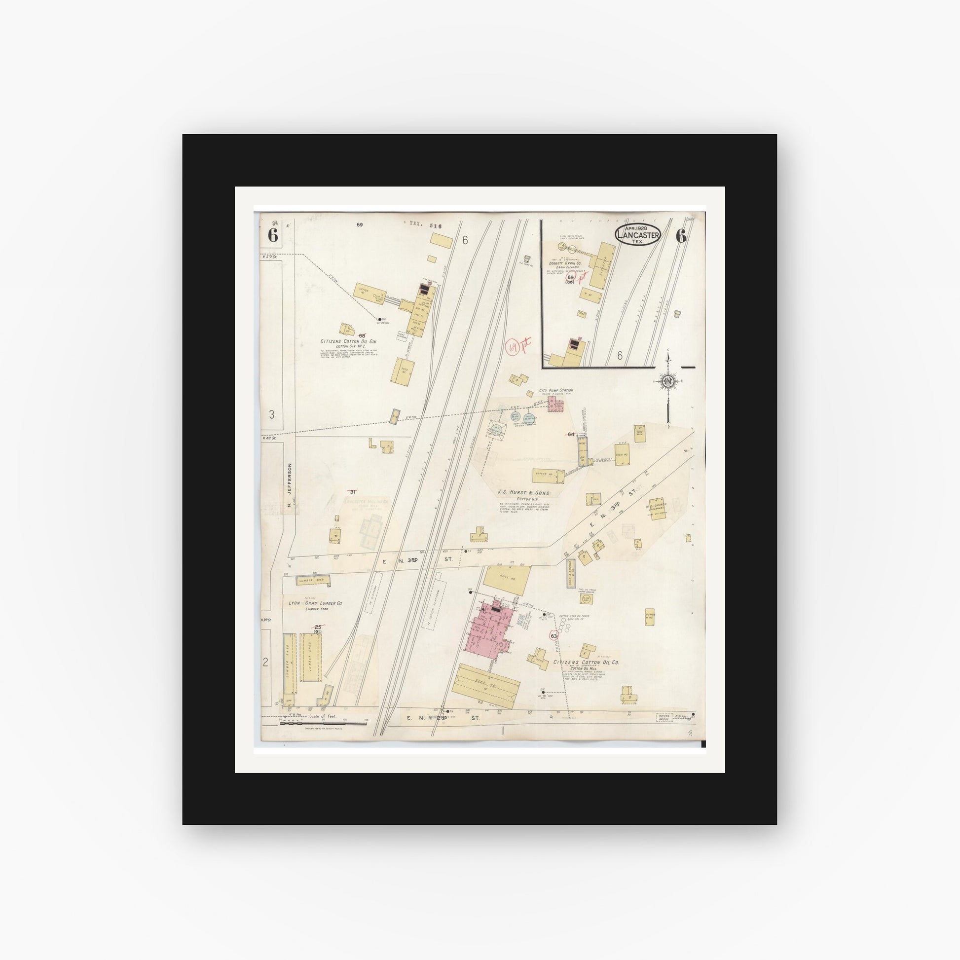 Old map wall art mockup — black gallery frame with white mat — Sanborn Fire Insurance Map from Lancaster, Dallas County, Texas (1939), Sheet #0006