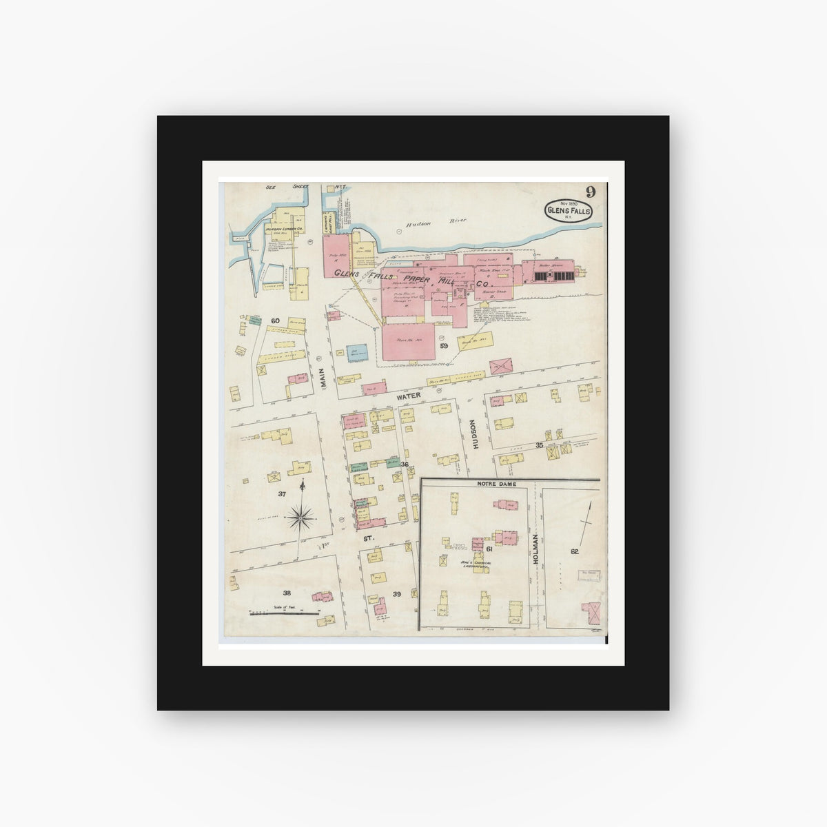 Old map wall art mockup — black gallery frame with white mat — Sanborn Fire Insurance Map from Glens Falls, Warren County, New York (1890), Sheet #0009