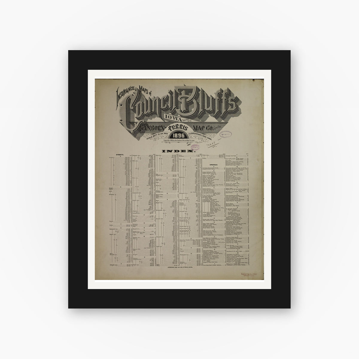 Old map wall art mockup — black gallery frame with white mat — Sanborn Fire Insurance Map from Council Bluffs, Pottawattamie County, Iowa (1896), Sheet #0001