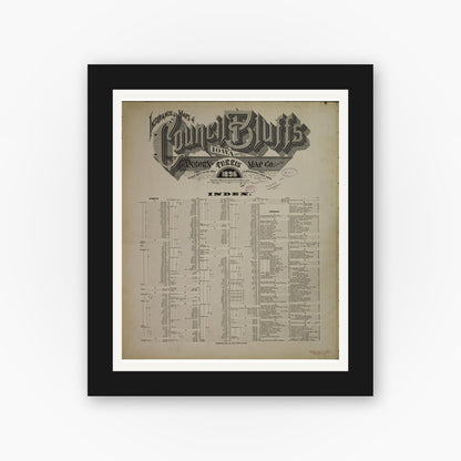 Old map wall art mockup — black gallery frame with white mat — Sanborn Fire Insurance Map from Council Bluffs, Pottawattamie County, Iowa (1896), Sheet #0001