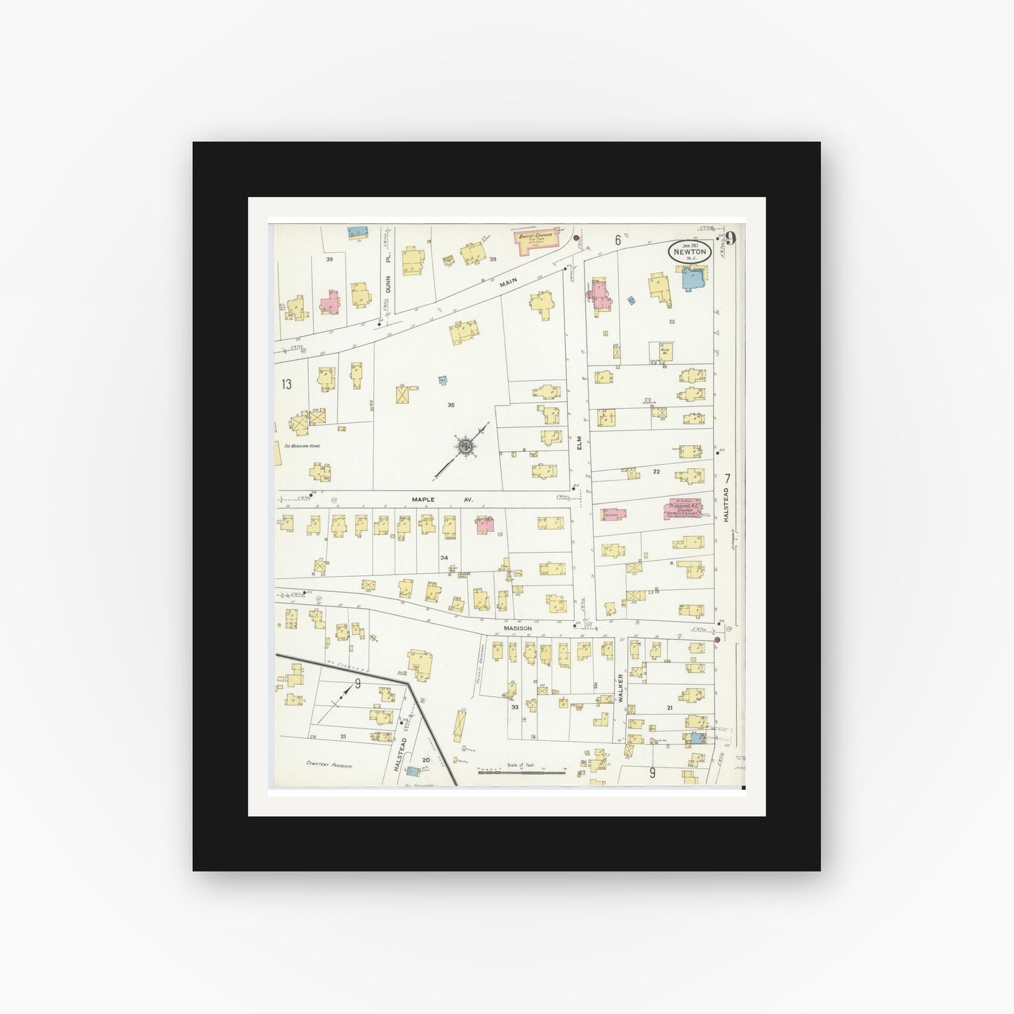 Old map wall art mockup — black gallery frame with white mat — Sanborn Fire Insurance Map from Newton, Sussex County, New Jersey (1911), Sheet #0009