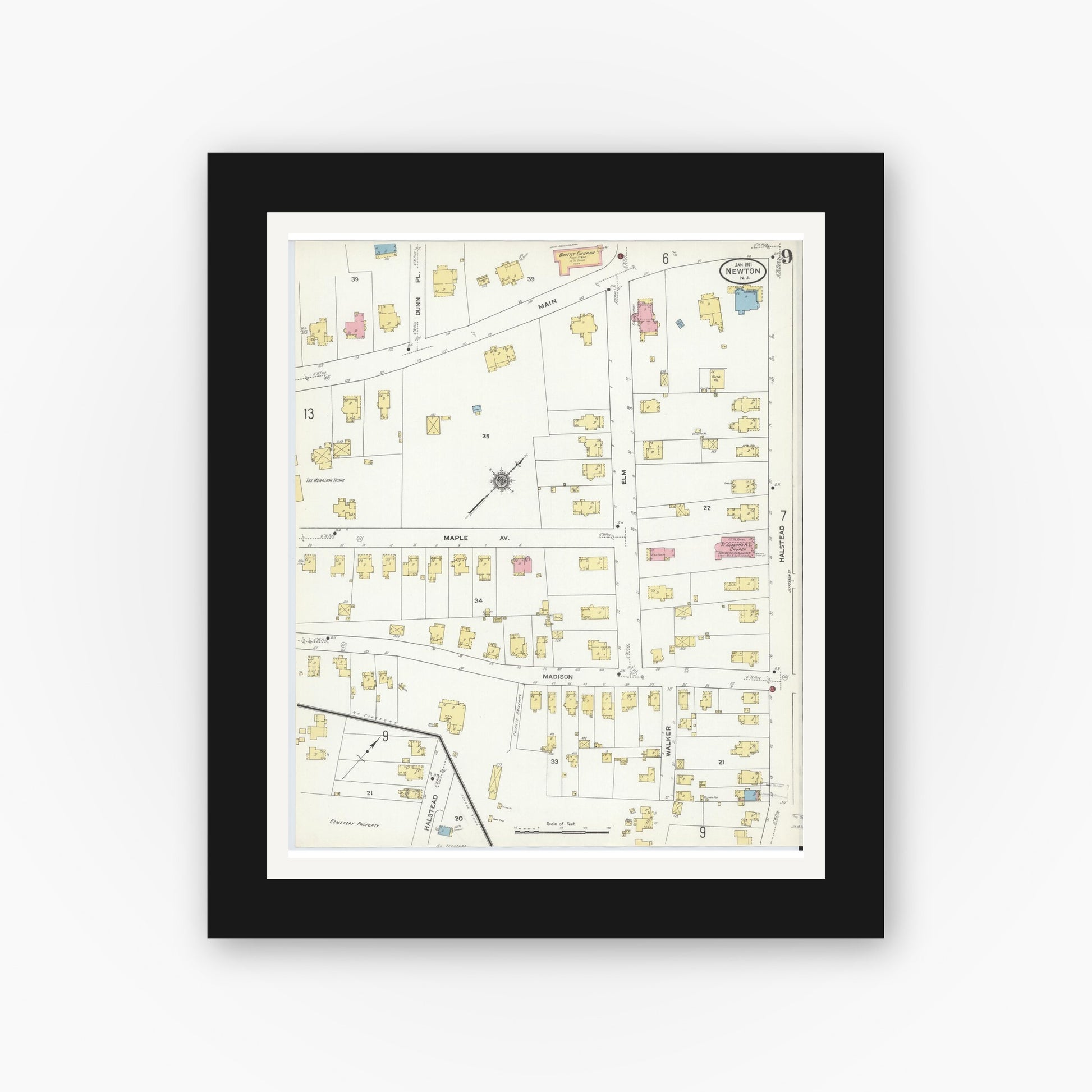 Old map wall art mockup — black gallery frame with white mat — Sanborn Fire Insurance Map from Newton, Sussex County, New Jersey (1911), Sheet #0009