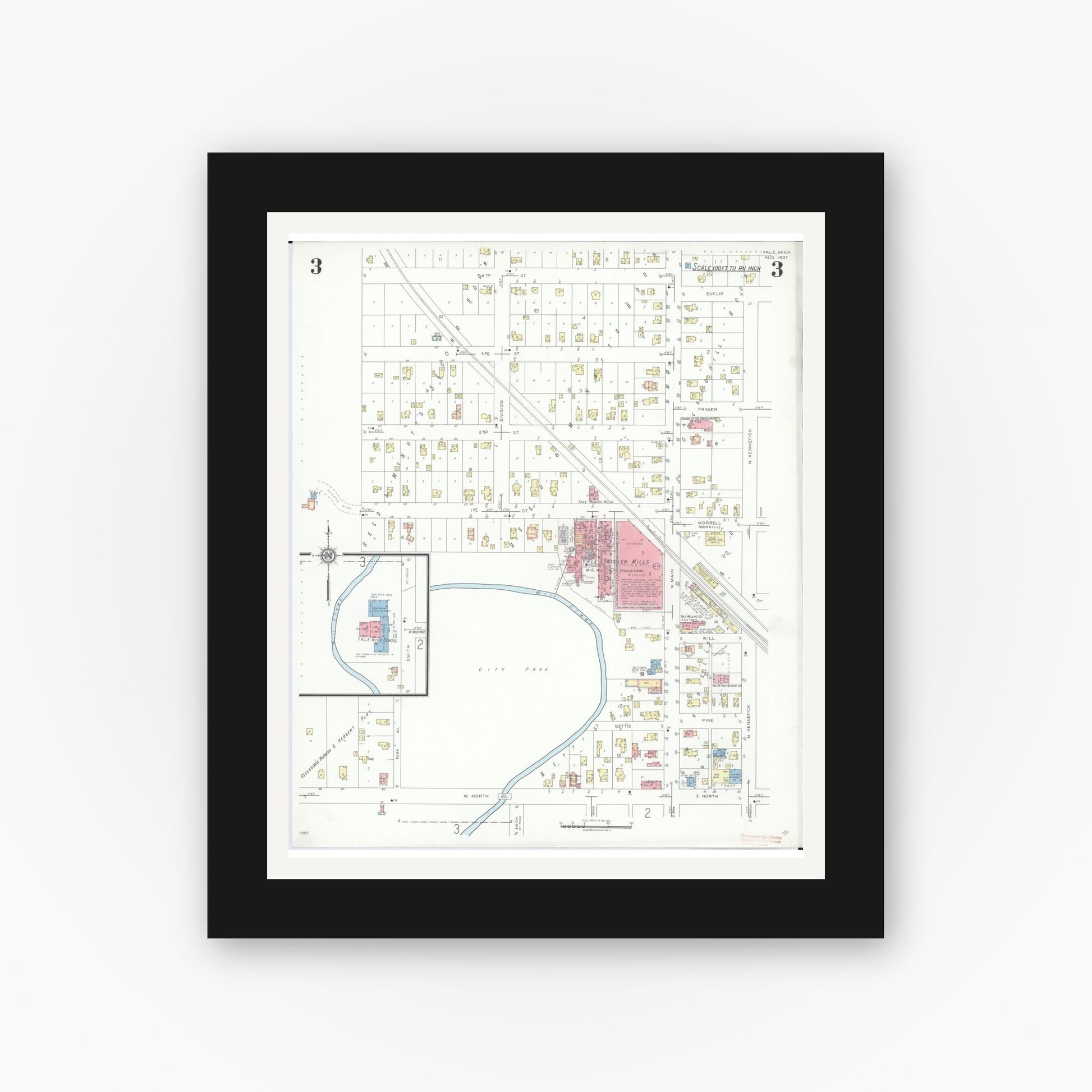 Old map wall art mockup — black gallery frame with white mat — Sanborn Fire Insurance Map from Yale, Saint Clair County, Michigan (1937), Sheet #0003