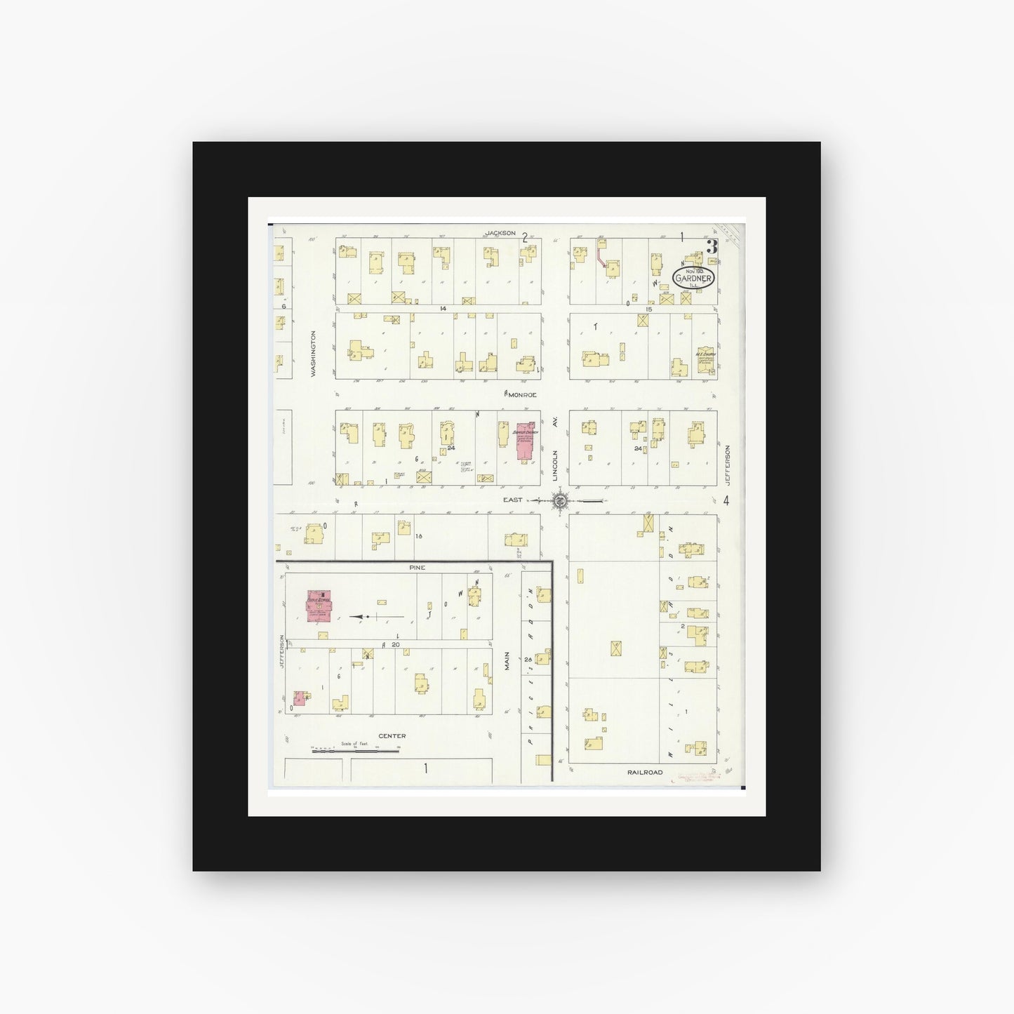 Old map wall art mockup — black gallery frame with white mat — Sanborn Fire Insurance Map from Gardner, Grundy County, Illinois (1913), Sheet #0003