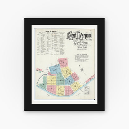 Old map wall art mockup — black gallery frame with white mat — Sanborn Fire Insurance Map from East Liverpool, Columbiana County, Ohio (1897) - Complete Map Set