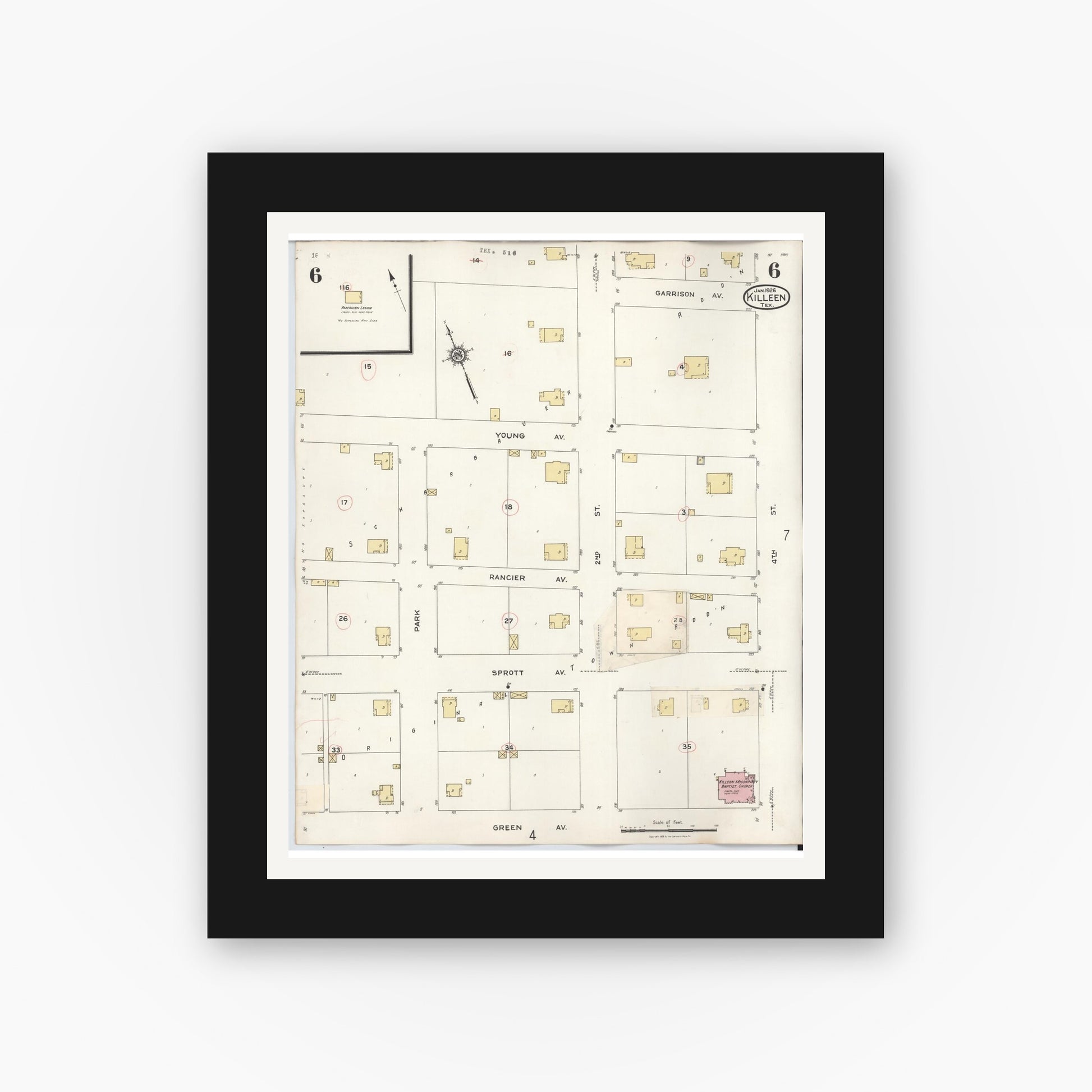 Old map wall art mockup — black gallery frame with white mat — Sanborn Fire Insurance Map from Killeen, Bell County, Texas (1937), Sheet #0006