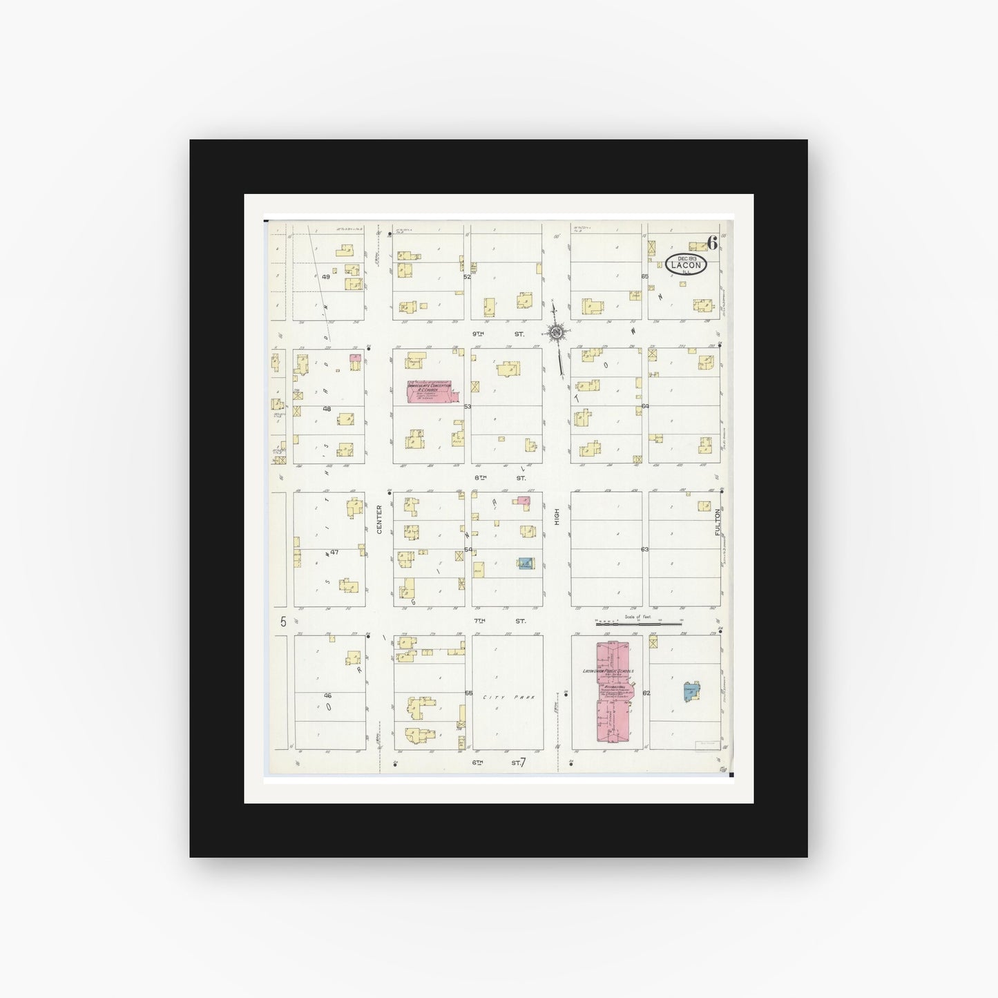 Old map wall art mockup — black gallery frame with white mat — Sanborn Fire Insurance Map from Lacon, Marshall County, Illinois (1913), Sheet #0006