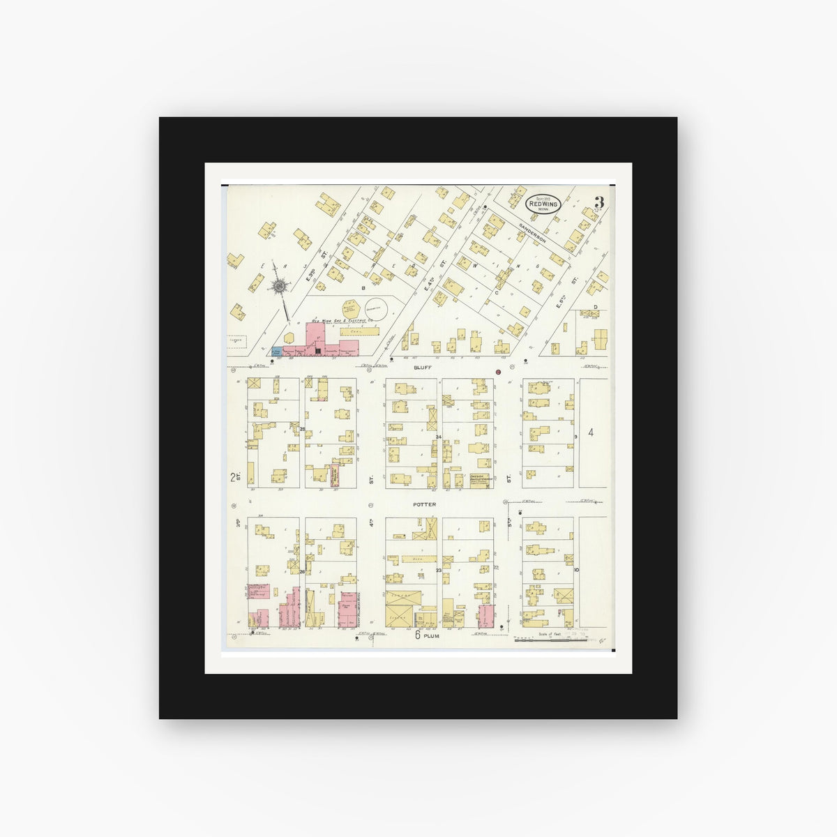 Old map wall art mockup — black gallery frame with white mat — Sanborn Fire Insurance Map from Red Wing, Goodhue County, Minnesota (1910), Sheet #0003