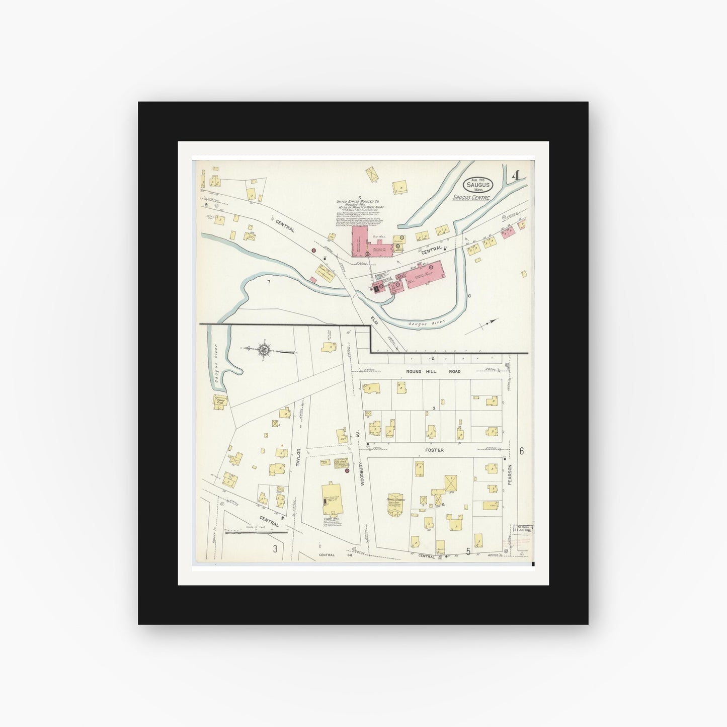 Old map wall art mockup — black gallery frame with white mat — Sanborn Fire Insurance Map from Saugus, Essex County, Massachusetts (1913), Sheet #0004