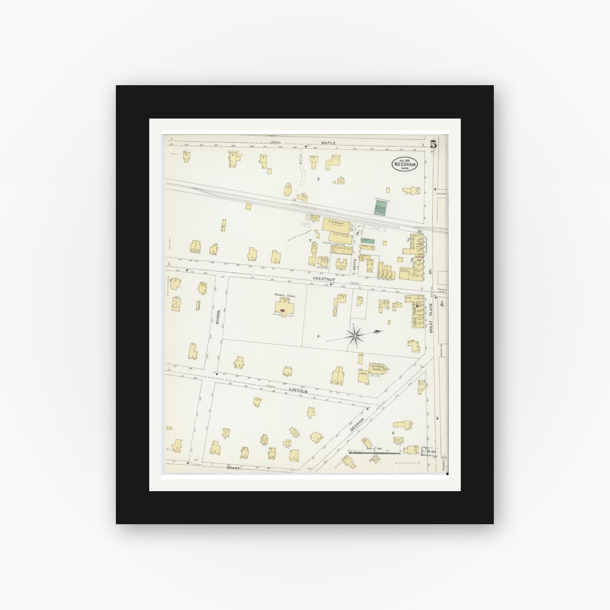 Old map wall art mockup — black gallery frame with white mat — Sanborn Fire Insurance Map from Needham, Norfolk County, Massachusetts (1906), Sheet #0005
