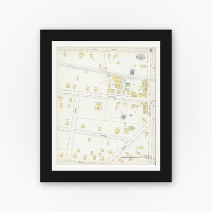 Old map wall art mockup — black gallery frame with white mat — Sanborn Fire Insurance Map from Needham, Norfolk County, Massachusetts (1906), Sheet #0005