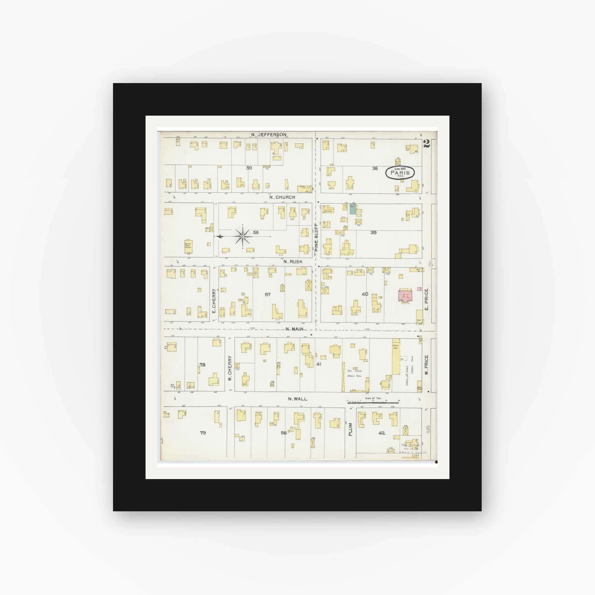 Old map wall art mockup — black gallery frame with white mat — Sanborn Fire Insurance Map from Paris, Lamar County, Texas (1892), Sheet #0002
