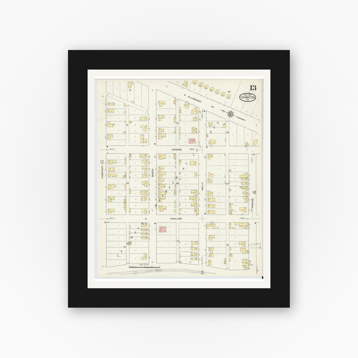 Old map wall art mockup — black gallery frame with white mat — Sanborn Fire Insurance Map from Covington, Independent Cities, Virginia (1913), Sheet #0013