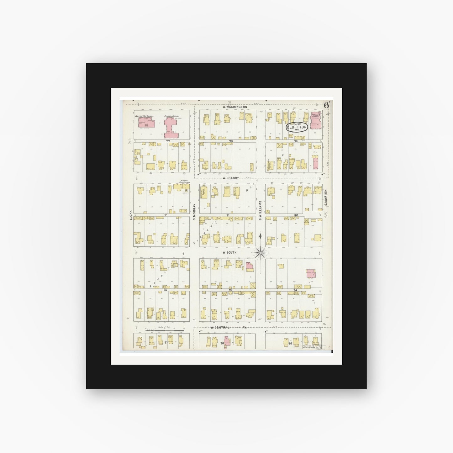 Old map wall art mockup — black gallery frame with white mat — Sanborn Fire Insurance Map from Bluffton, Wells County, Indiana (1895), Sheet #0006