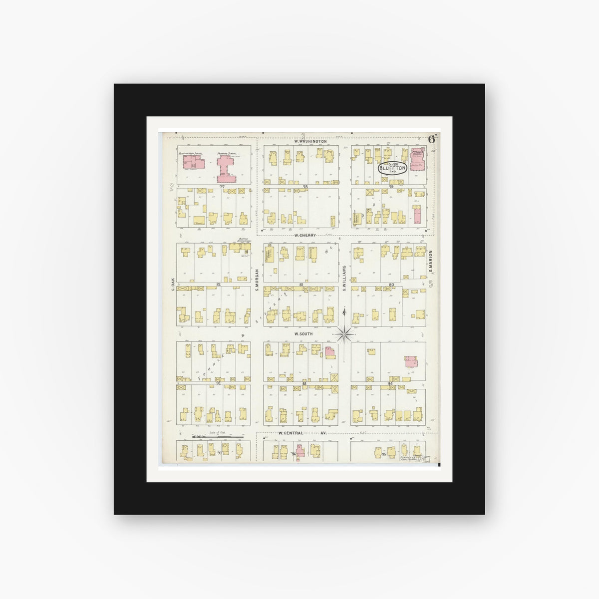 Old map wall art mockup — black gallery frame with white mat — Sanborn Fire Insurance Map from Bluffton, Wells County, Indiana (1895), Sheet #0006