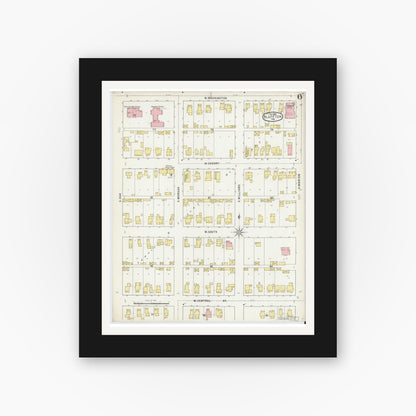 Old map wall art mockup — black gallery frame with white mat — Sanborn Fire Insurance Map from Bluffton, Wells County, Indiana (1895), Sheet #0006