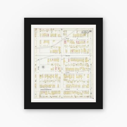 Old map wall art mockup — black gallery frame with white mat — Sanborn Fire Insurance Map from Jeffersonville, Clark County, Indiana (1898), Sheet #0014