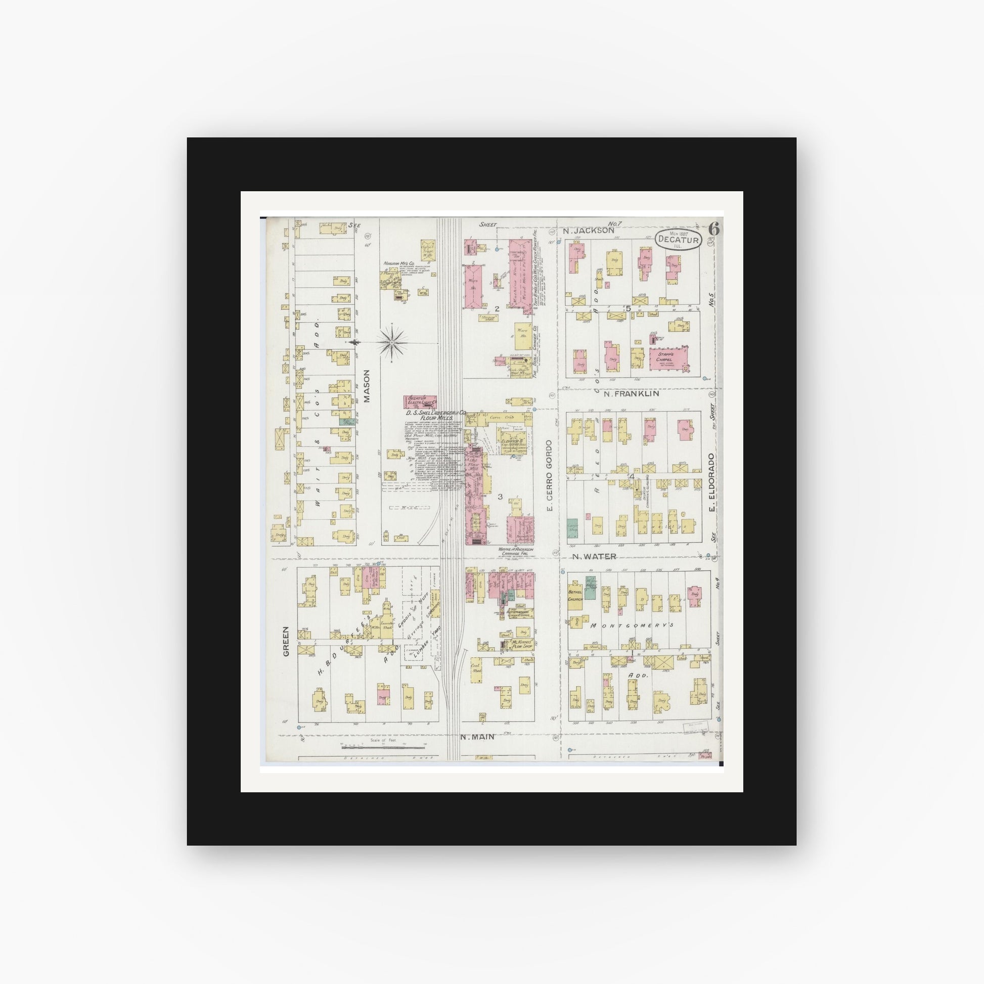 Old map wall art mockup — black gallery frame with white mat — Sanborn Fire Insurance Map from Decatur, Macon County, Illinois (1887), Sheet #0006
