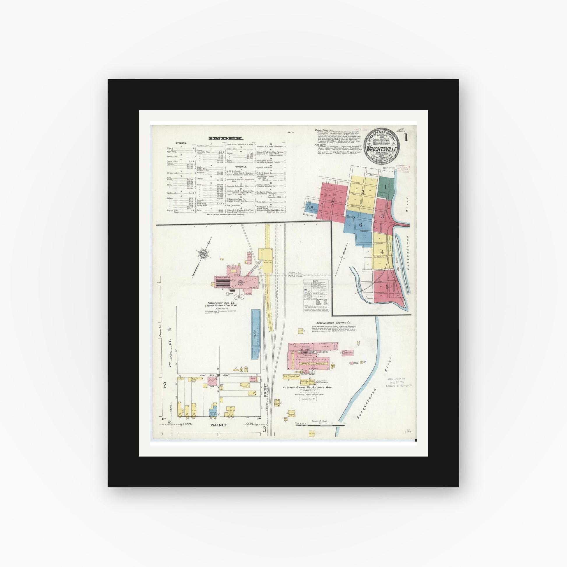 Old map wall art mockup — black gallery frame with white mat — Sanborn Fire Insurance Map from Wrightsville, York County, Pennsylvania (1909), Sheet #0001