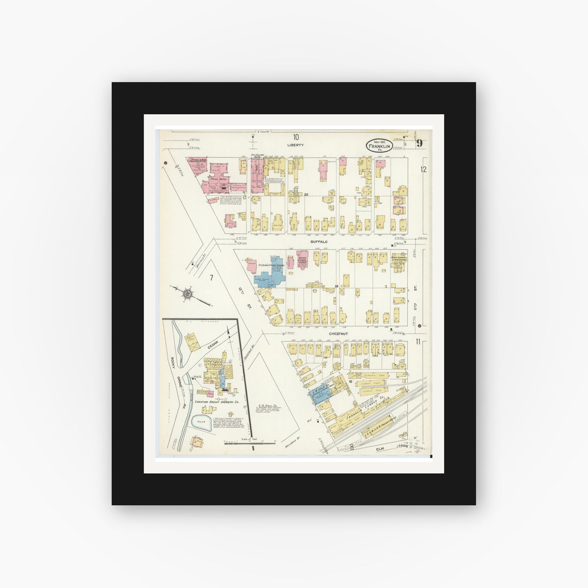 Old map wall art mockup — black gallery frame with white mat — Sanborn Fire Insurance Map from Franklin, Venango County, Pennsylvania (1912), Sheet #0009